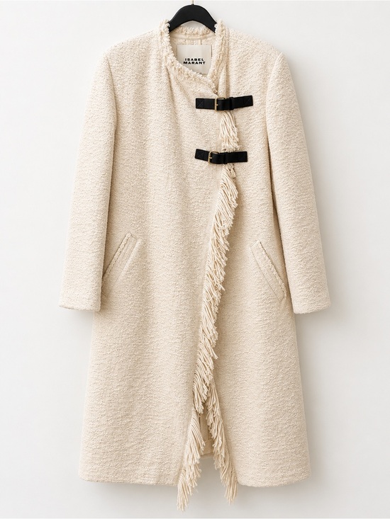 Isabel Marant Jackets & Blazers - Isabel Marant Cream Bouclé Longline Coat Fringe Trim Black Buckles Size 38 FW25